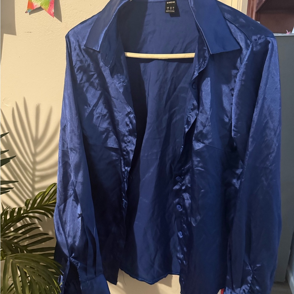 Women's Elegant Blue Satin Button Down Shirt